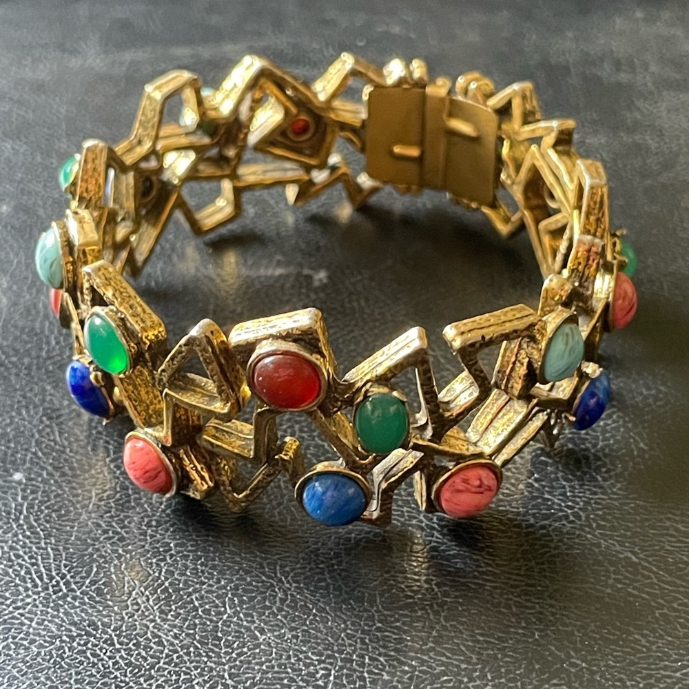 Vintage Brass Tone Cuff Bracelet Brutalist Style Multicolor Stones